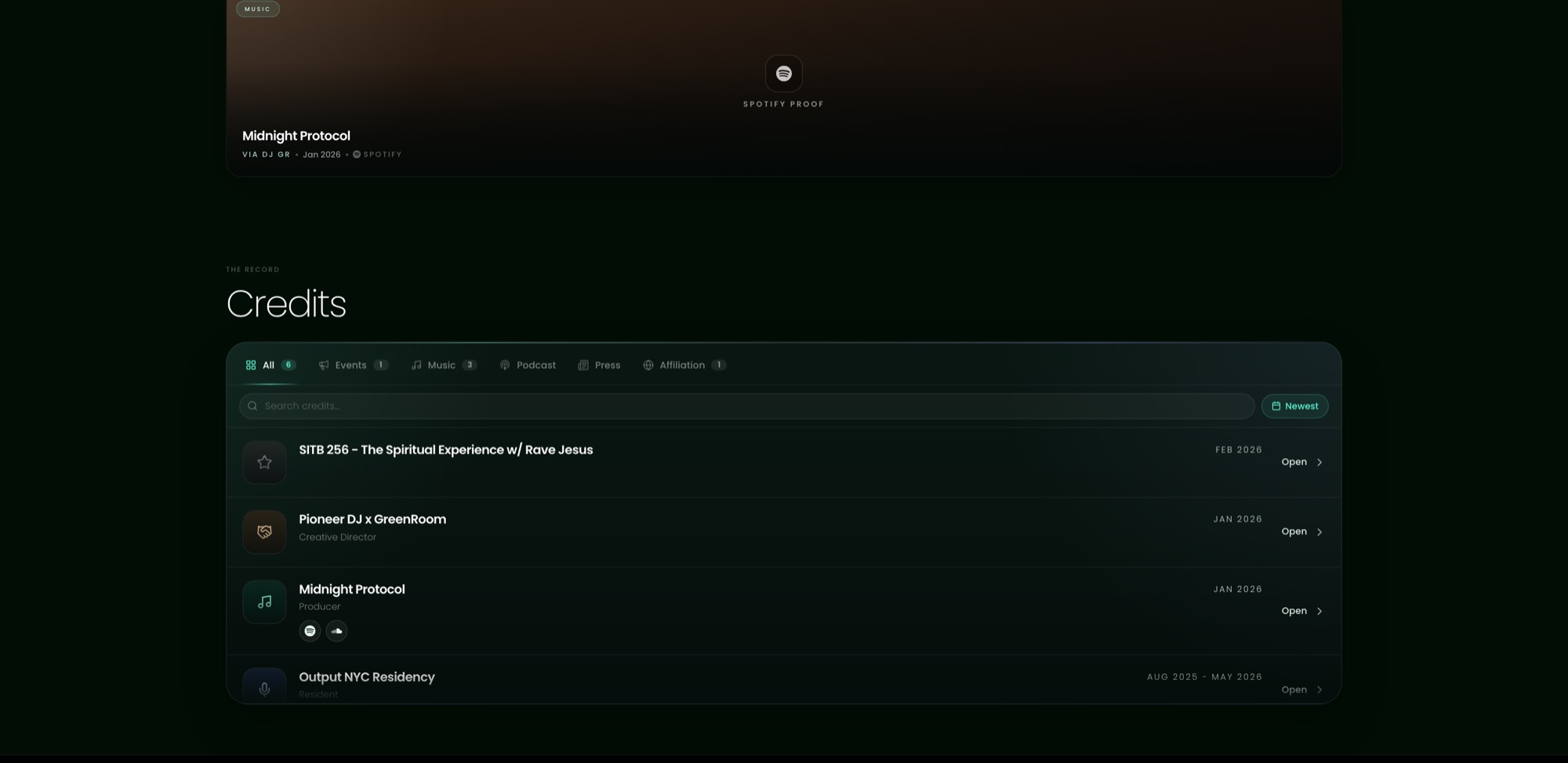 GreenRoom profile credits grouped by professional category with platform verification