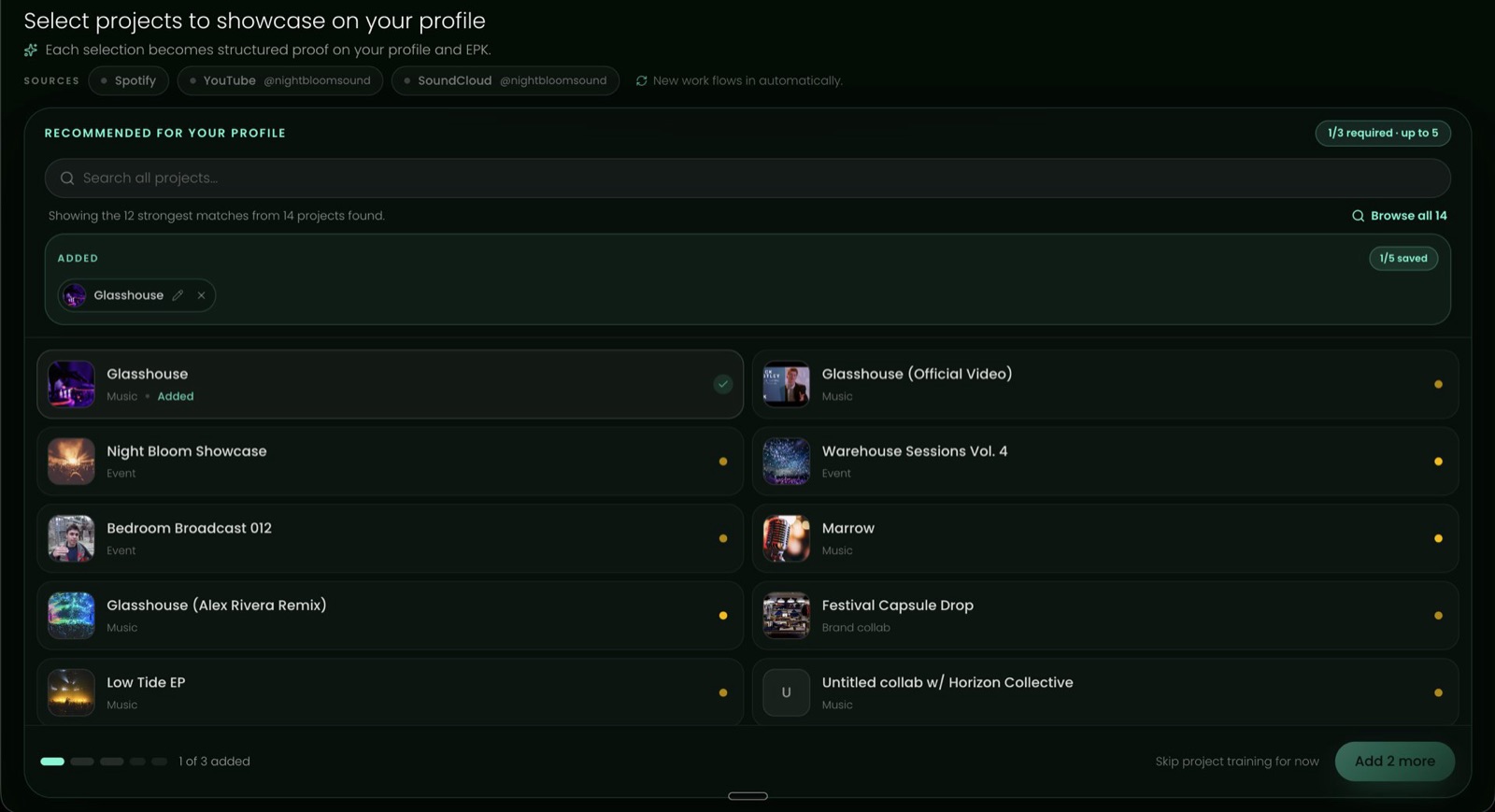 GreenRoom onboarding importing published projects from connected music platforms